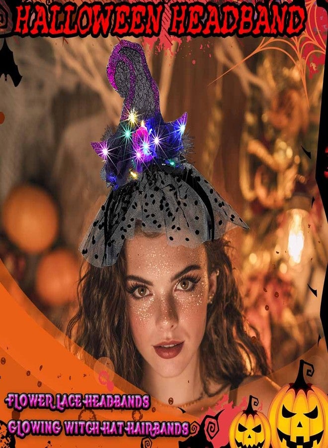 Firuilo Halloween Light Up Headband Glowing Witch Hat Headbands Floral Lace Headpieces LED Spider Web Hair Accessories for Halloween Party Cosplay - Image 3